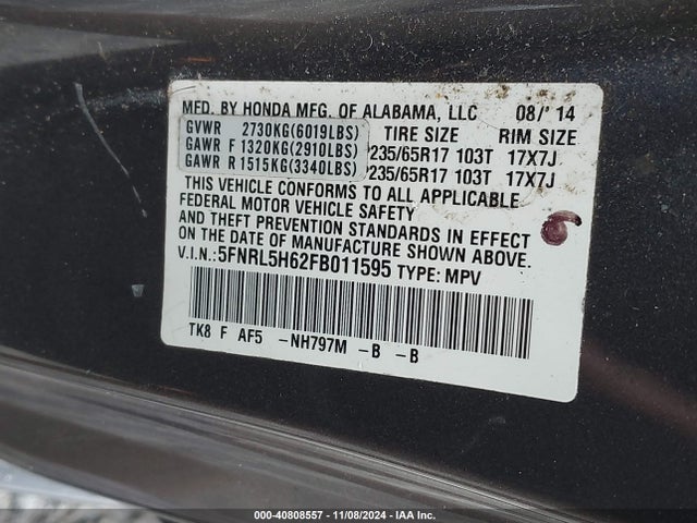 Honda Odyssey Ex-l 2015 5FNRL5H62FB011595 Image 9