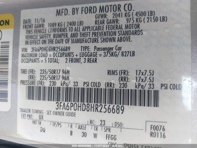 3FA6P0HD8HR256689 Ford FUSION SE
