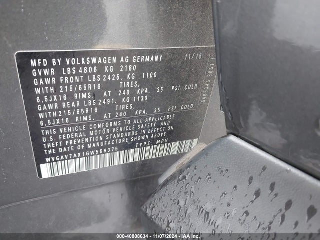 WVGAV7AX1GW559375 Volkswagen TIGUAN S