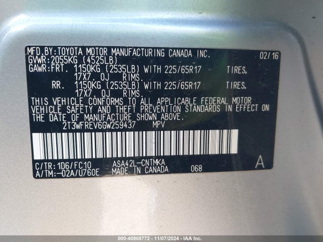 Toyota Rav4 Xle 2016 2T3WFREV6GW259437 Image 9