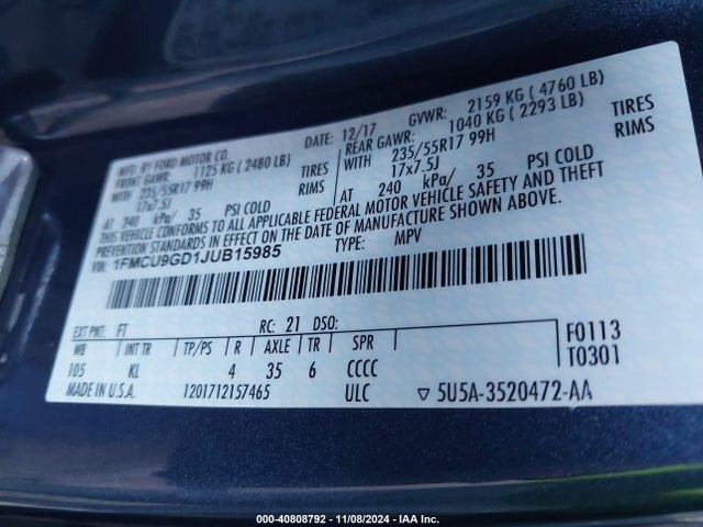 Ford ESCAPE SE 2018 1FMCU9GD1JUB15985 Image 9