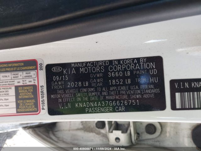 KNADN4A37G6626751 KIA RIO EX