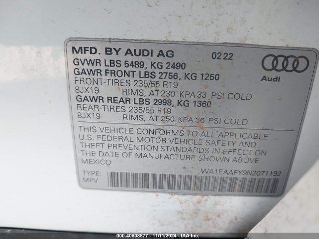 WA1EAAFY9N2071192 Audi Q5 Premium Plus 45 Tfsi S Line Quattro S Tronic