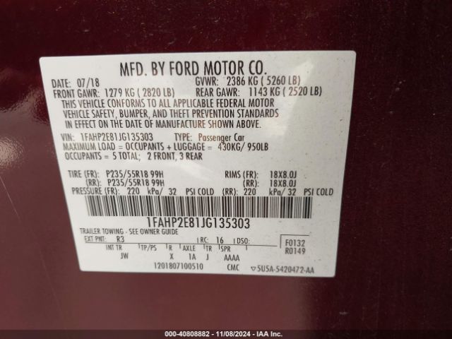 1FAHP2E81JG135303 Ford TAURUS SEL
