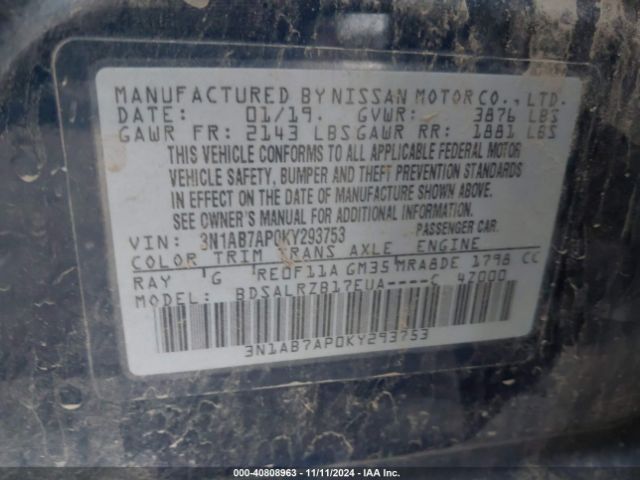3N1AB7AP0KY293753 Nissan Sentra S/sv/sr/sl