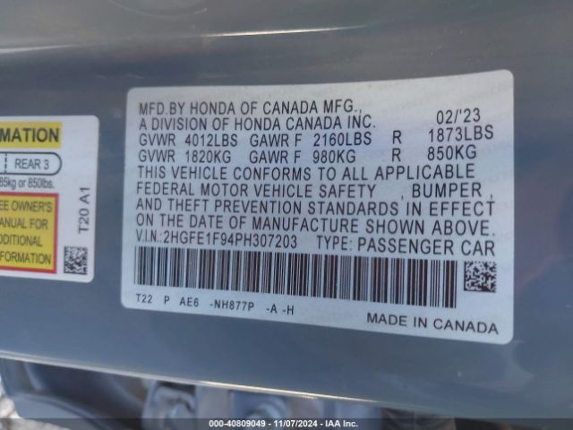 2HGFE1F94PH307203 Honda Civic Touring