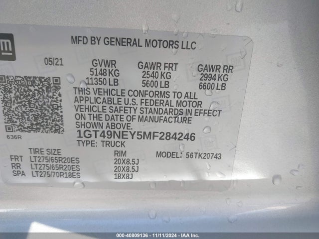 40809136 :رقم المزاد ، 1GT49NEY5MF284246 vin ، 2021 Gmc Sierra 2500hd 4wd  Standard Bed Slt مزاد بيع