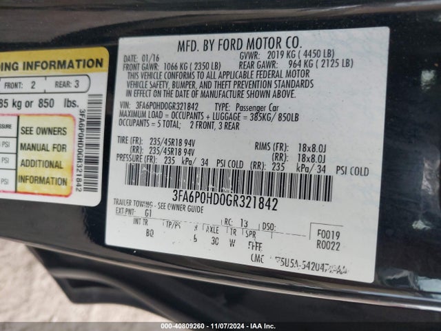 Ford FUSION SE 2016 3FA6P0HD0GR321842 Image 9