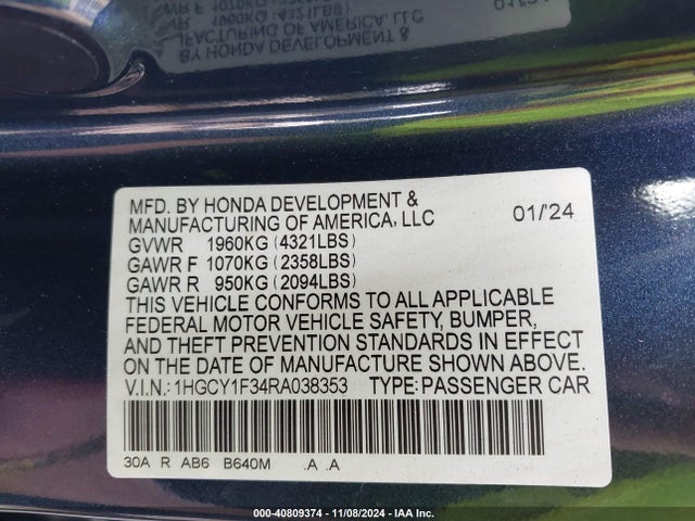 1HGCY1F34RA038353 Honda ACCORD EX