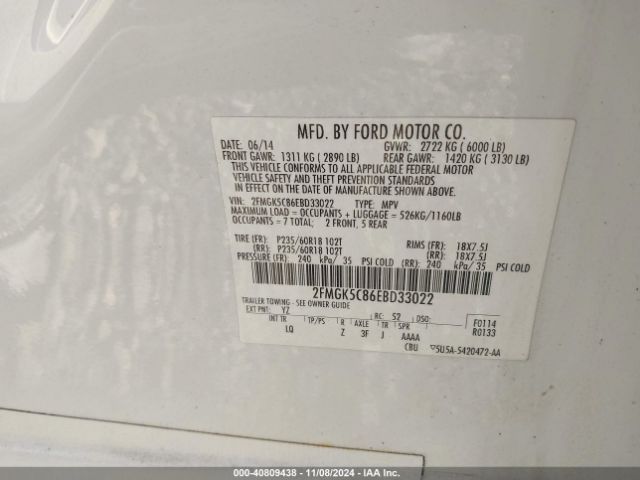2FMGK5C86EBD33022 Ford FLEX SEL