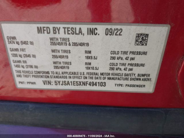 5YJSA1E5XNF494103 Tesla Model S Dual Motor All-wheel Drive