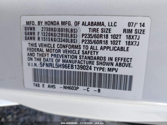 5FNRL5H96EB139024 Honda Odyssey Touring/touring Elite