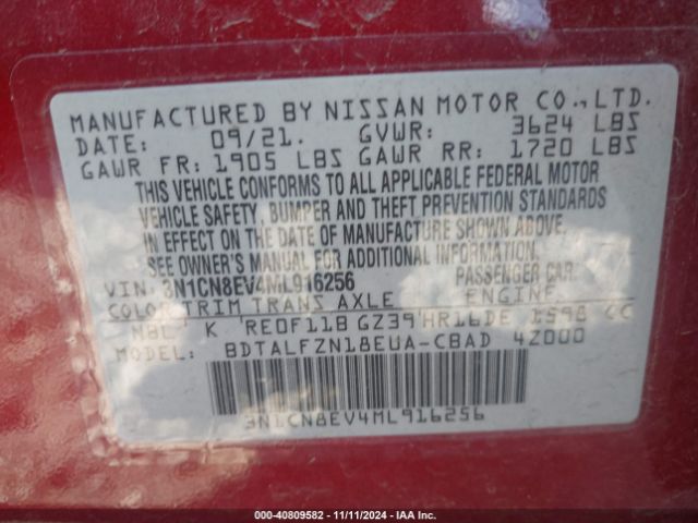 3N1CN8EV4ML916256 Nissan Versa Sv Xtronic Cvt
