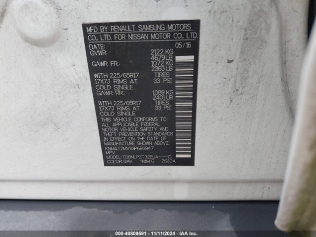 KNMAT2MV1GP696947 Nissan Rogue S/sl/sv