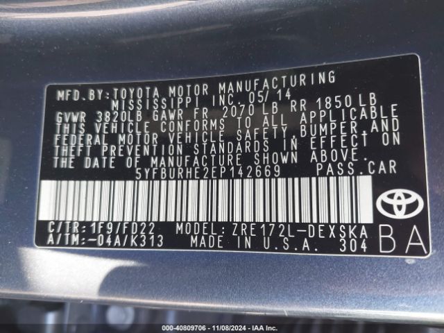 5YFBURHE2EP142669 Toyota Corolla S Plus