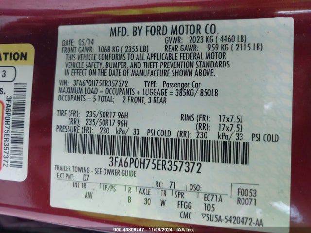 Ford FUSION SE 2014 3FA6P0H75ER357372 Image 9