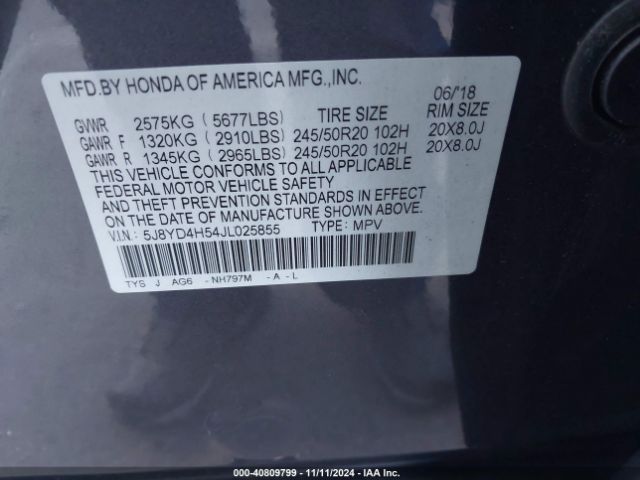 5J8YD4H54JL025855 Acura Mdx Technology Package   Acurawatch Plus Pkg