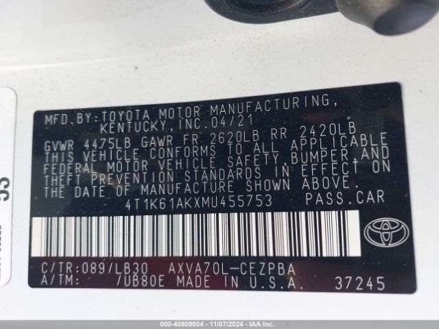 4T1K61AKXMU455753 Toyota CAMRY XSE