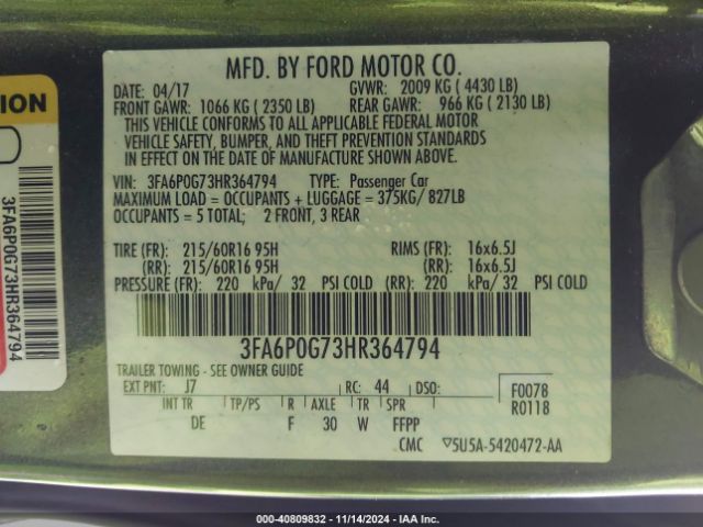 3FA6P0G73HR364794 Ford FUSION S