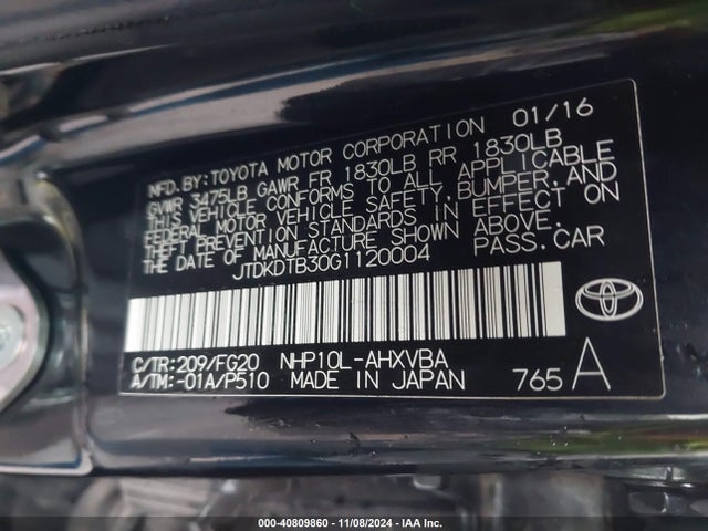 JTDKDTB30G1120004 Toyota Prius C Two