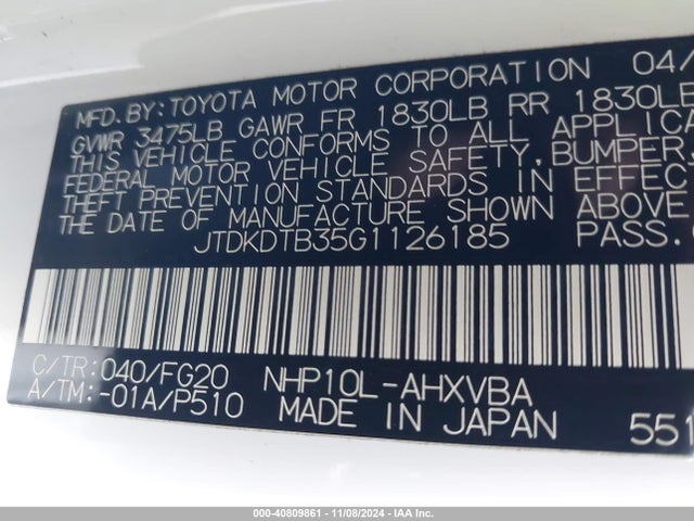 JTDKDTB35G1126185 Toyota Prius C Two