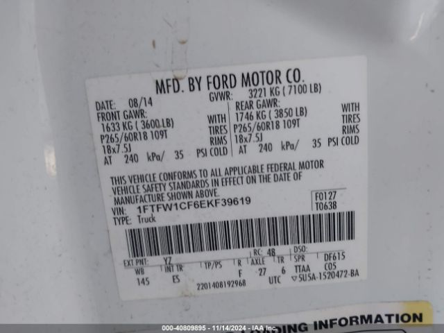 1FTFW1CF6EKF39619 Ford F-150 Lariat