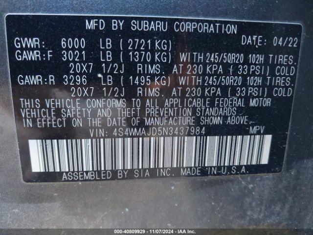 4S4WMAJD5N3437984 Subaru Ascent Onyx Edition