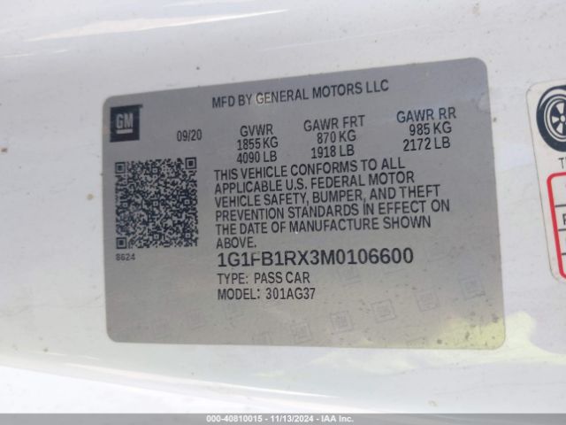 1G1FB1RX3M0106600 Chevrolet Camaro Rwd  1lt