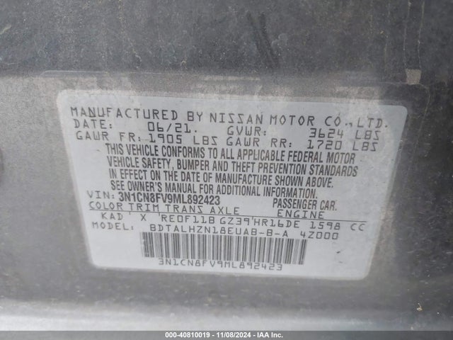 Nissan Versa Sr Xtronic Cvt 2021 3N1CN8FV9ML892423 Image 9