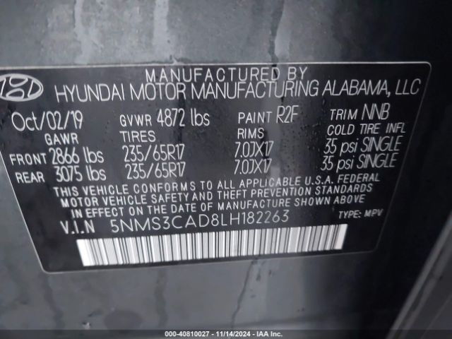 5NMS3CAD8LH182263 Hyundai Santa Fe Sel