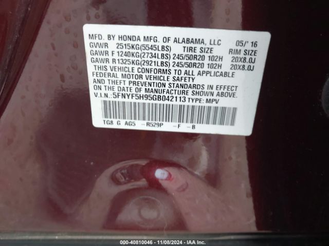 5FNYF5H95GB042113 Honda Pilot Touring