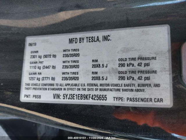 5YJ3E1EB9KF425655 Tesla Model 3 Long Range/performance