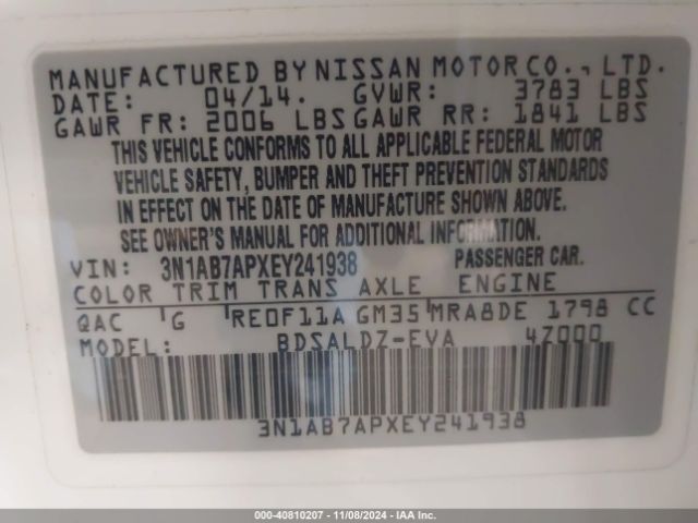 3N1AB7APXEY241938 Nissan Sentra Fe+ S/fe+ Sv/s/sl/sr/sv
