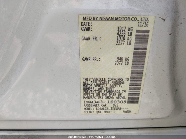 Nissan Altima 2.5 S 2017 1N4AL3AP2HC160308 Image 9