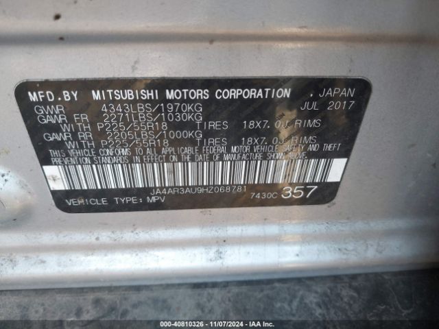 JA4AR3AU9HZ068781 Mitsubishi Outlander Sport 2.0 Le