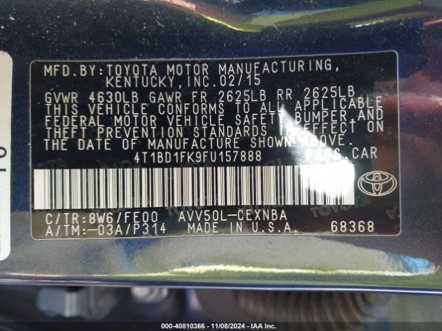 4T1BD1FK9FU157888 Toyota Camry Hybrid Le