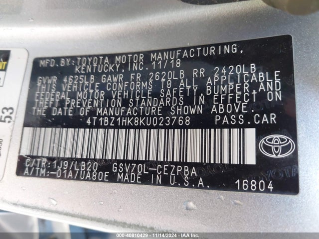4T1BZ1HK8KU023768 Toyota Camry Xse V6