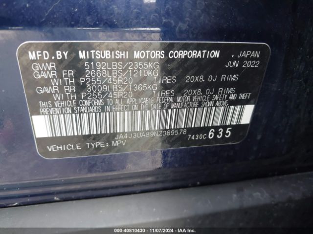 JA4J3UA89NZ069578 Mitsubishi Outlander Black Edition 2wd/se 2.5 2wd/se Launch Edition 2wd