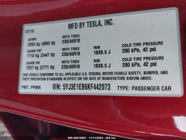 2019 TESLA MODEL 3 5YJ3E1EB6KF442073 Photo 8