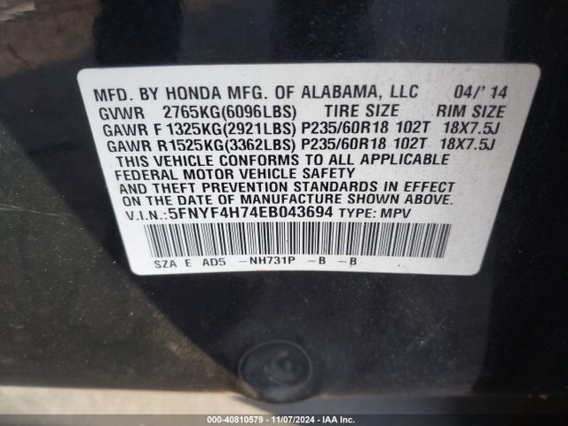 Honda Pilot Ex-l 2014 5FNYF4H74EB043694 Image 9
