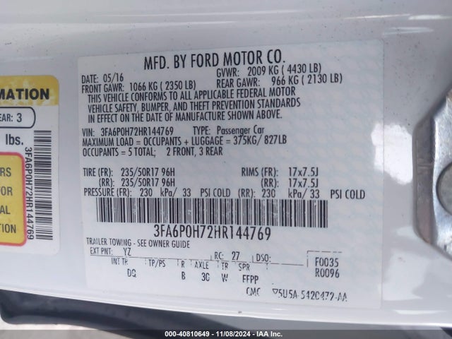Ford FUSION SE 2017 3FA6P0H72HR144769 Image 9
