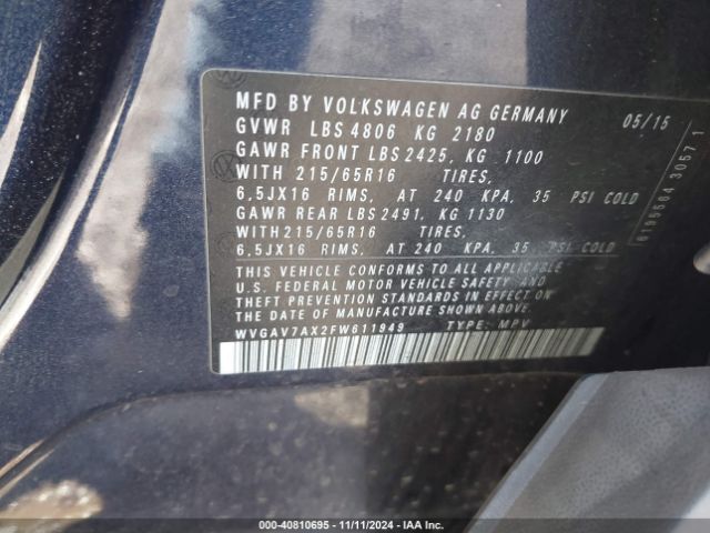 WVGAV7AX2FW611949 Volkswagen TIGUAN S