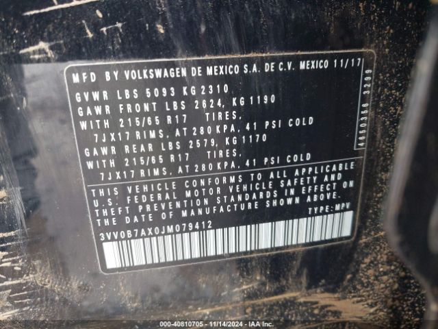 3VV0B7AX0JM079412 Volkswagen Tiguan 2.0t S