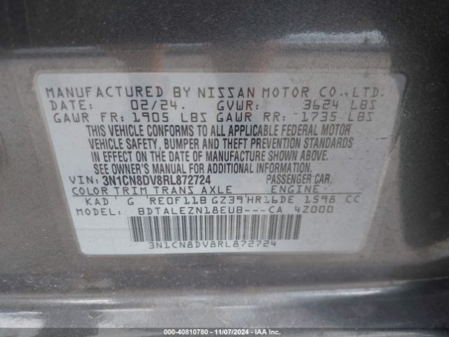 3N1CN8DV8RL872724 Nissan Versa 1.6 S
