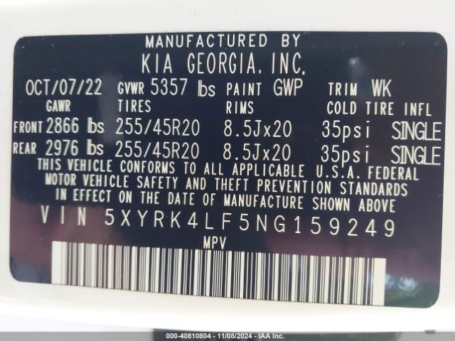 5XYRK4LF5NG159249 KIA SORENTO SX