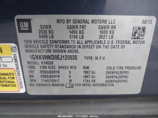 1GNKVHKD0EJ120835 Chevrolet Traverse 2lt