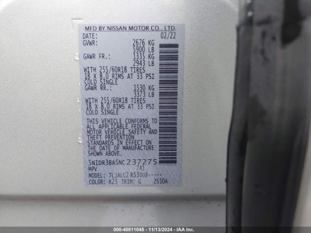 5N1DR3BA5NC237275 Nissan Pathfinder Sv 2wd