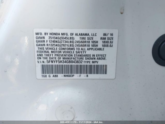 5FNYF5H34GB043832 Honda Pilot Ex