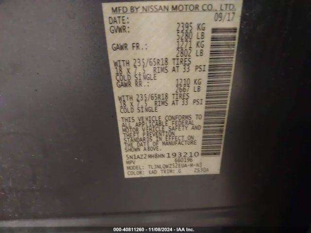 Nissan MURANO SV 2017 5N1AZ2MH8HN193210 Image 9
