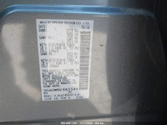 5N1AR2MM9GC665549 Nissan Pathfinder S